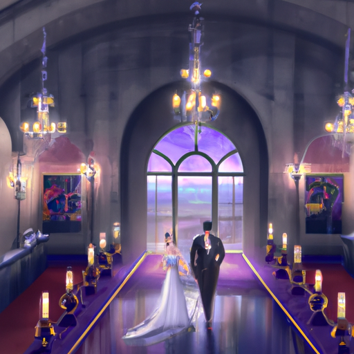 זוג נכנס לאולם חתונות מפואר עם קישוטים יפים