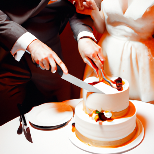 תקריב של החתן והכלה חותכים את העוגה באולם חתונות מעוצב